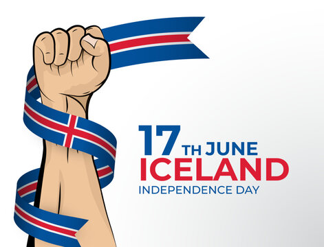 Vector illustration of Happy Independence Day greeting card for the country of Iceland with clenched fists and a flag ribbon. Use for banners on a white background - Powered by Adobe
