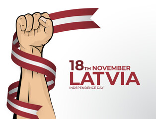 Vector illustration of Happy Independence Day greeting card for the country of Latvia with clenched fists and a flag ribbon. Use for banners on a white background
