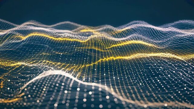 Vibrant 3D digital landscape made of glowing white, yellow dots connected in flowing wave patterns, symbolizing futuristic data networks, technology, artificial intelligence, dynamic information flow.