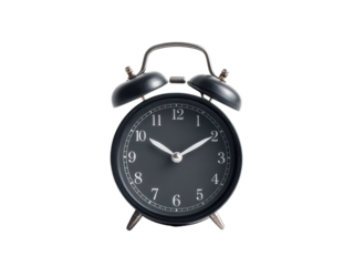 Classic black analog alarm clock isolated on black background, cut out