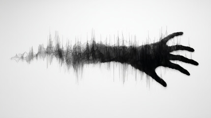 An artistic black silhouette of a human hand blended into abstract soundwave design, set against a clean white background. A graphical concept symbolizing connectivity or distortion.
