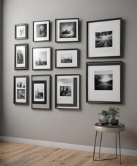 Sleek gallery wall display, various frame styles,  textures,  home decor,  prints