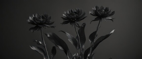 Intricate charcoal blooms, elegant black stems, dark grey backdrop , dark, modern