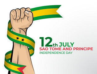 Vector illustration of Happy Independence Day greeting card for the country of Sao Tome and Principe with clenched fists and a flag ribbon. Use for banners on a white background