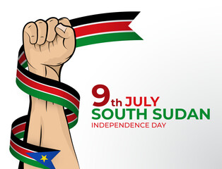 Vector illustration of Happy Independence Day greeting card for the country of South Sudan with clenched fists and a flag ribbon. Use for banners on a white background