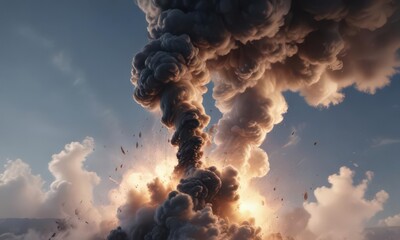 Immense swirling smoke column ascends, obscuring sky, view, scene