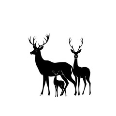 Deer Family Silhouette: A stark, monochrome illustration depicts a majestic buck, doe, and fawn, their elegant forms rendered in striking black against a white background.