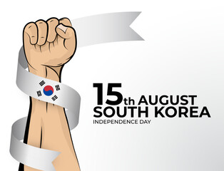 Vector illustration of Happy Independence Day greeting card for the country of South Korea with clenched fists and a flag ribbon. Use for banners on a white background