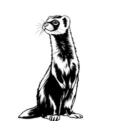 Obraz premium Ferret Portrait: A striking monochrome illustration of a ferret standing tall, its fur meticulously detailed in bold ink lines, conveying alertness and elegance.
