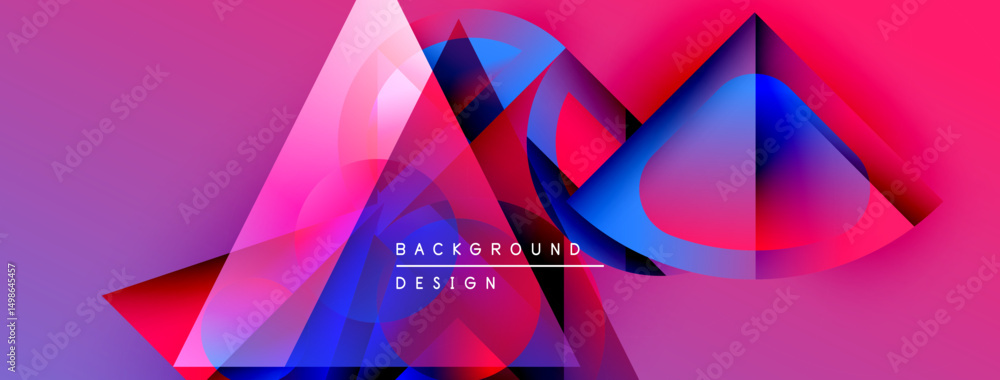 Poster Abstract geometric shapes overlap, creating vibrant pink, blue gradients. Text reads background design centered within composition.