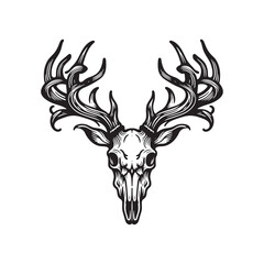 Deer Skull with Antlers &ndash; Bold Black and White Line Art Vector Illustration

