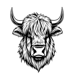 Yak Portrait: A striking monochrome line art illustration depicts the majestic head of a yak, showcasing its thick fur, powerful horns, and intense gaze.