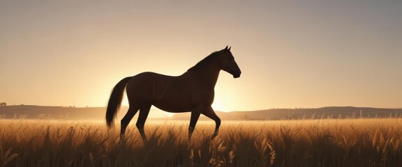 Elegant horse silhouette in sun-drenched wheat field , field, illustration, tranquility