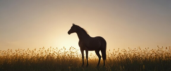 Majestic horse silhouette against a sun-drenched wheat and sunflower field , decoration, design, element