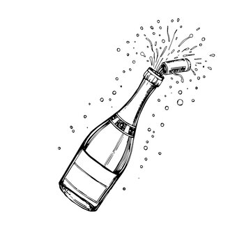 Champagne Celebration: A dynamic ink illustration depicts a champagne bottle exploding with celebratory fizz, capturing the joy and excitement of a momentous occasion.