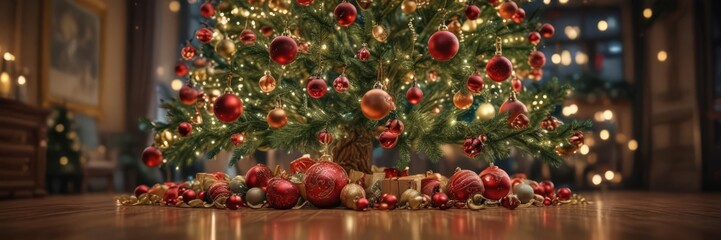 Ornate Christmas tree, vibrant baubles, bokeh lights , glitter, holiday, sparkle