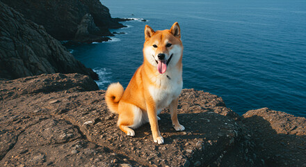 Shiba Inu dog sitting on rocks by the sea