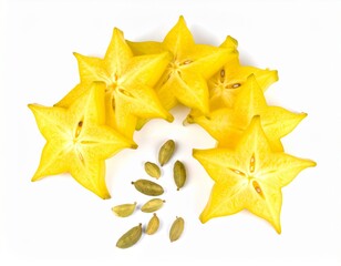 Fototapeta premium Sliced Starfruit Arranged in Fan Pattern with Cardamom Pods on Isolated White Background Composition