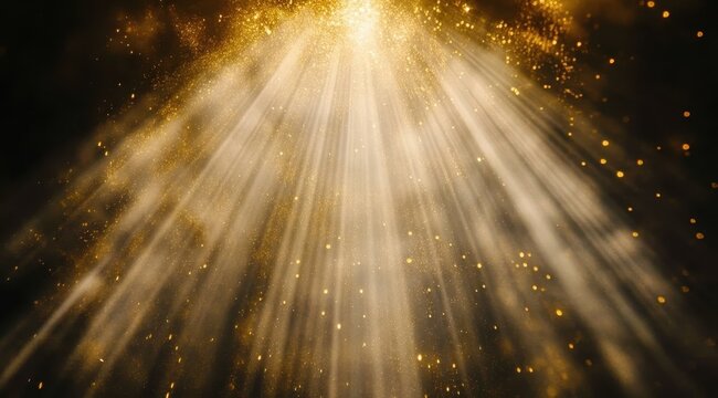 Golden light rays burst from above, illuminating a dark, smoky background with glittering particles