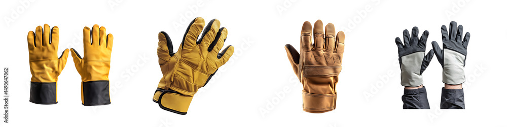 Poster set of different types of work gloves displayed in a setting. isolated on transparent background