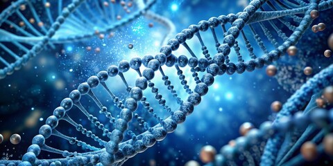 Obraz premium Close-up view of a detailed DNA double helix, exhibiting intricate molecular structure and a vibrant blue hue, set against a softly blurred background with subtle lighting effects.