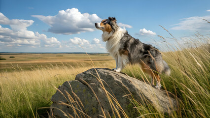Australian Shepherd dog standing on rock in grassy landscape