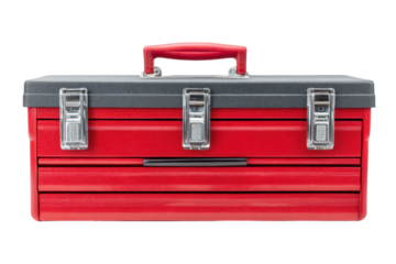 Red metal toolbox with clamps and handles for efficient tool storage, cut out