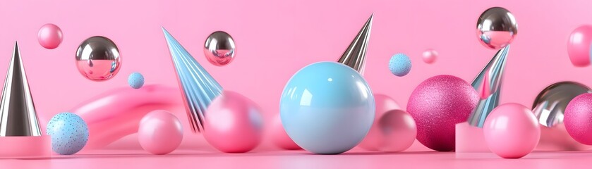 Geometric shapes in pastel colors against a pink background.