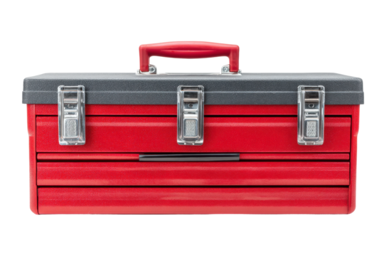 Red metal toolbox with clamps and handles for efficient tool storage, cut out