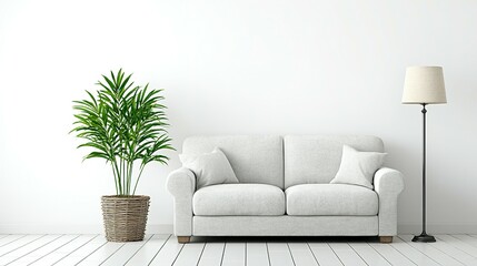 A light-filled living room with a comfortable sofa and a decorative plant.
