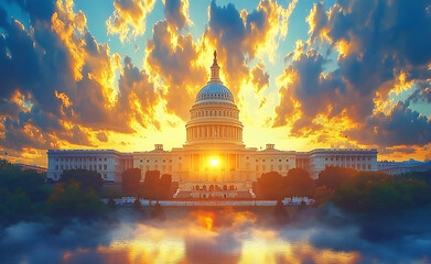 Obraz premium United States Capitol Building At Sunset Reflecting In Water Washington Dc