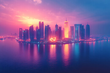 Obraz premium Doha Qatar Skyline At Sunset With Modern Architecture And Water Reflections