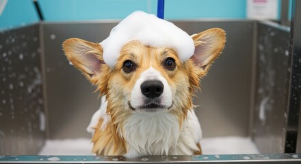 Adorable dog getting a bath