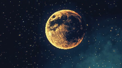 Obraz premium Pixelated moon in a starry night sky with glowing dots and abstract space elements