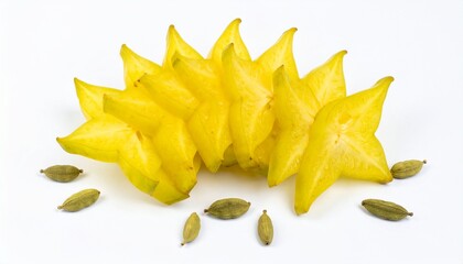 Fototapeta premium Sliced Starfruit Arranged in Fan Pattern with Cardamom Pods on Isolated White Background Composition