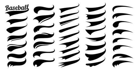 Fototapeta na wymiar Swooshes text tails for baseball design. Sports swash underline shapes set in retro style. Swish typography font elements for athletics, baseball, football decoration. Black swirl vector line.