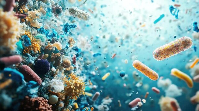 Diverse Microorganisms Floating in an Underwater Environment with Vibrant Colors and Intricate Details 4k video footage