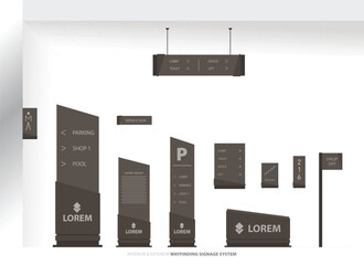 Wayfinding system signage mockup set Direction signs Exterior and interior way finding design.