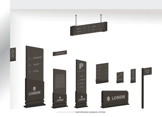 Wayfinding system 3D signage mockup set Direction signs Exterior and interior way finding design.