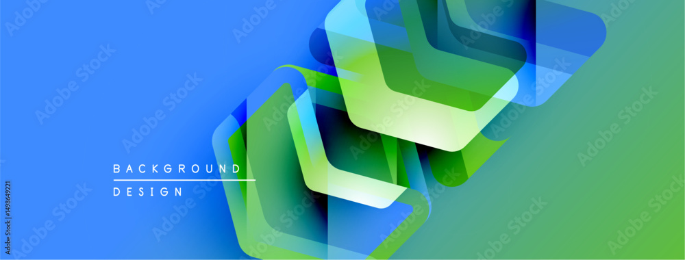 Poster abstract geometric shapes overlap, creating vibrant blue, green gradients. modern design elements su