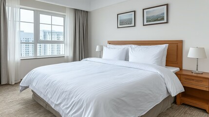 A spacious bedroom with a large window overlooking the city.