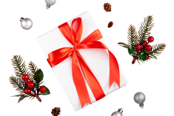 christmas gift box with fir brunch and berries for background