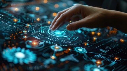 Naklejka premium A hand interacting with a futuristic digital interface, showcasing advanced technology and data.