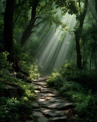 Obraz premium Sunlit Stone Path Through Lush Green Forest