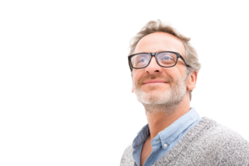 Mature caucasian male with glasses looking upward confidently against black background, cut out