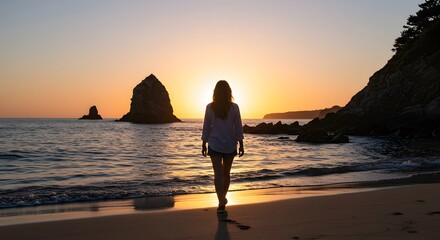 Woman on Beach at Sunset
