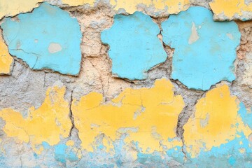 Aged wall with peeling paint in shades of yellow and pale blue