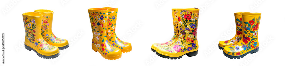 Poster set of colorful floral patterned yellow rain boots displayed in a row. isolated on transparent backg