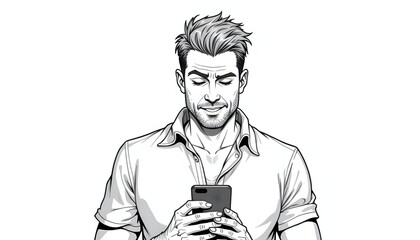 Clean line art of a man typing on his phone with expressive eyebrows