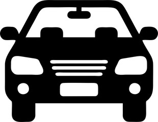 Minimalist black silhouette of a sedan car viewed from the front, designed in a modern flat style. This vector-style icon is ideal for use in transportation apps, automotive websites.